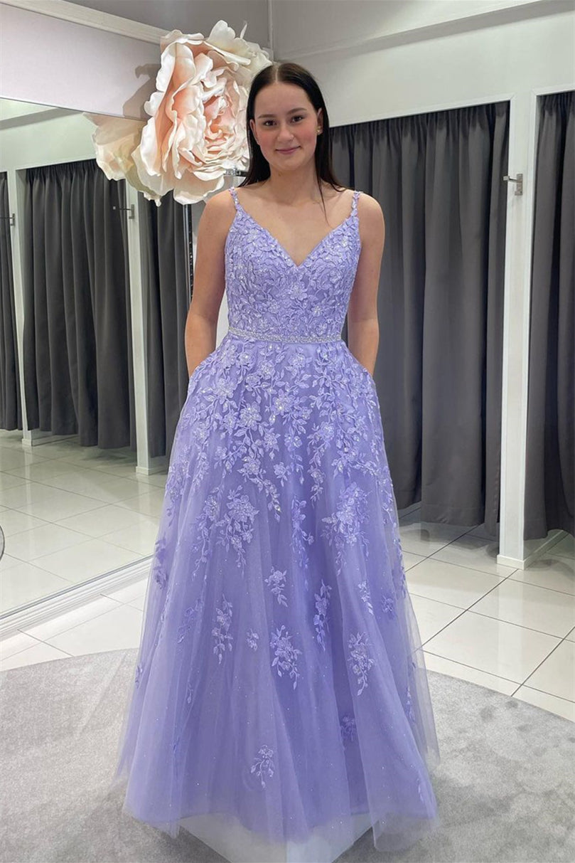 Lilac A-line Beaded Sash Appliques Straps Tulle Long Prom Dress