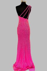 Hot Pink Sequin One-Shoulder Mermaid Long Formal Dress with Fringes