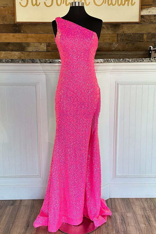 Heißes rosa Pailletten-One-Shoulder-Meerjungfrau-langes formelles Kleid mit Fransen