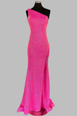 Hot Pink Sequin One-Shoulder Mermaid Long Formal Dress with Fringes