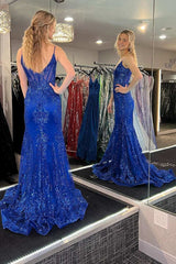 Royal Blue Trumpet V Neck Sequins-Embroidery Long Prom Gown