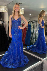 Royal Blue Trumpet V Neck Sequins-Embroidery Long Prom Gown