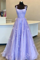 Lavender 3D Floral Lace A-Line Prom Dress