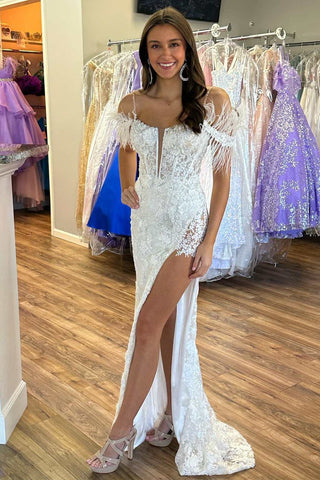 White Sequin Lace Mermaid Long Prom Gown with Feathers