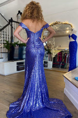 Royal Blue Sequin Off-the-Shoulder Mermaid Long Prom Dress with Slit