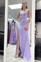 Lilac Mermaid Spaghetti Straps Long Prom Gown with Slit