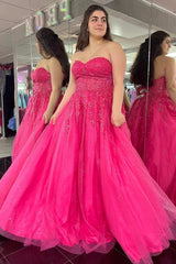 Hot Pink Floral Lace Sweetheart A-Line Prom Dress