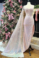 One-Shoulder Pink Sequin Long Prom Dress with Attached Train