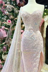 One-Shoulder Pink Sequin Long Prom Dress with Attached Train