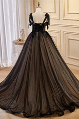 Black Lace Bow-Strap Lace-Up Back Ball Gown