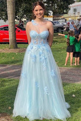 Fairy-Tale Light Blue Sweetheart A-Line Prom Dress with 3D Floral Lace