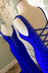 Royal Blue Beaded V-Neck Cutout Back Mermaid Long Prom Dress