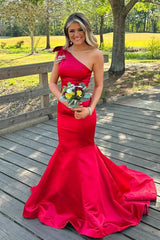 Hot Pink Bow One-Shoulder Trumpet Long Formal Gown