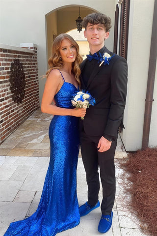 Royal Blue Spaghetti Sweetheart Straps Sequins Cut-Out Long Prom Dress with Slit