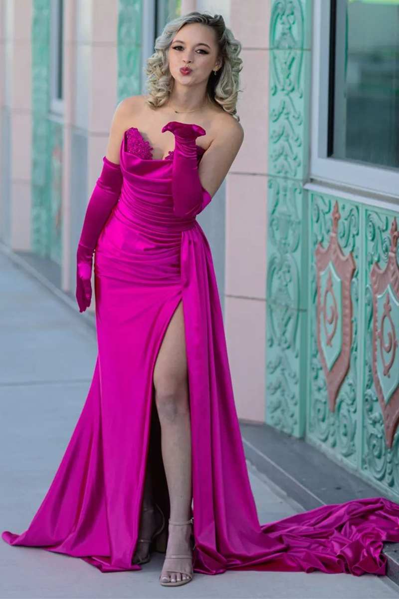 Sweetheart Mermaid Satin Pleated Long Prom Dress with Slit