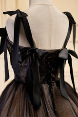 Black Lace Bow-Strap Lace-Up Back Ball Gown