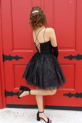 Black A-line Double Straps Lace-Up Back Mini Dress with Gloves