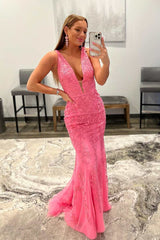 Pink Appliques Plunge Neck Open Back Mermaid Long Prom Gown