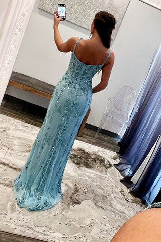 Aqua Blue Mermaid Spaghetti Straps Sequin-Embroidered Long Prom Gown with Slit