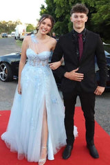 Fairy-Tale Light Blue Sweetheart A-Line Prom Dress with 3D Floral Lace