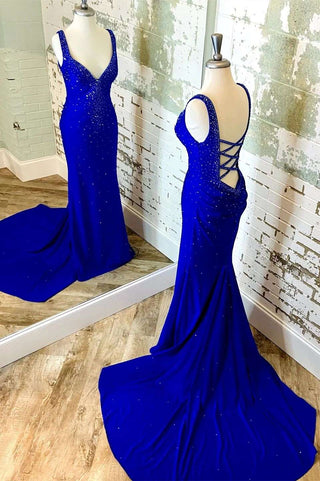 Royal Blue Beaded V-Neck Cutout Back Mermaid Long Prom Dress