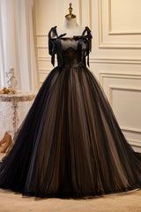 Black Lace Bow-Strap Lace-Up Back Ball Gown