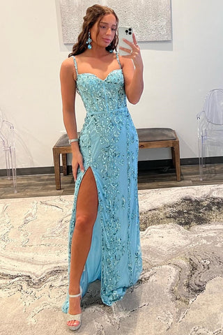 Aqua Blue Mermaid Spaghetti Straps Sequin-Embroidered Long Prom Gown with Slit