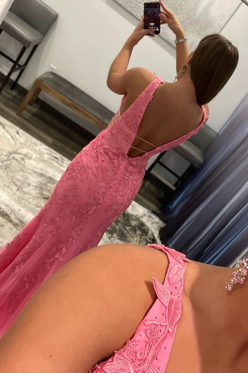 Langes Abendkleid im Meerjungfrau-Stil mit rosa Applikationen, tiefem Ausschnitt und offenem Rücken