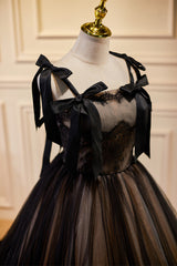 Black Lace Bow-Strap Lace-Up Back Ball Gown