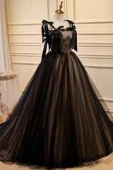 Black Lace Bow-Strap Lace-Up Back Ball Gown