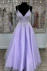 Lavender Pearls V-Neck Straps A-Line Prom Gown