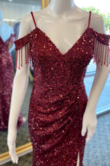 Wine Red Sequin V-Neck Long Prom Dress with Tassels