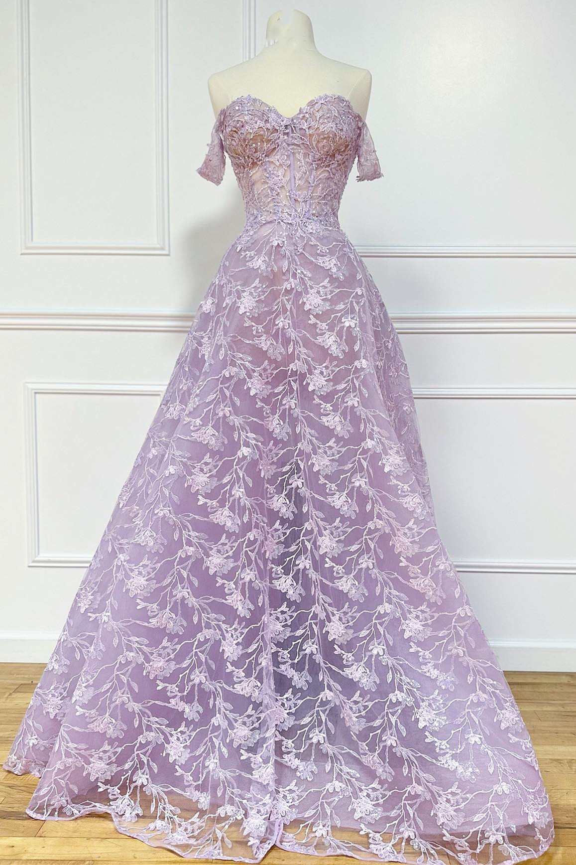 Lilac Tulle Floral Lace Off-the-Shoulder A-Line Prom Dress