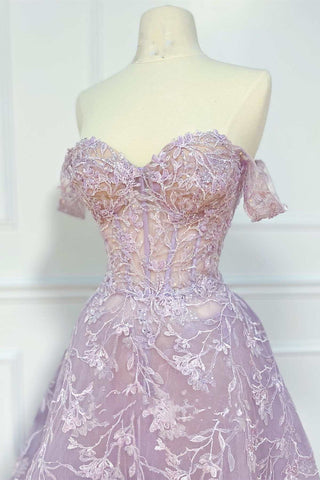 Lilac Tulle Floral Lace Off-the-Shoulder A-Line Prom Dress