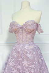 Lilac Tulle Floral Lace Off-the-Shoulder A-Line Prom Dress