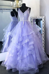 Lavender Tulle Lace V-Neck Tiered A-Line Prom Gown