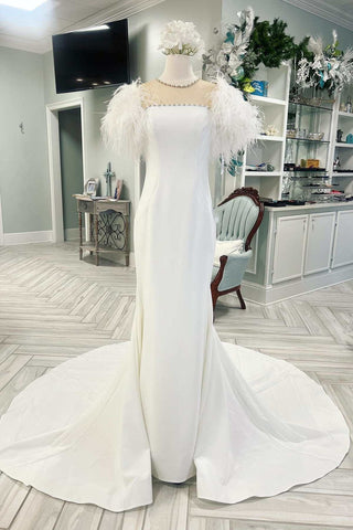 White Feather Illusion Neck Mermaid Long Bridal Gown