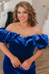 Royal Blue Velvet Off-the-Shoulder Ruffles Mermaid Long Formal Dress with Slit