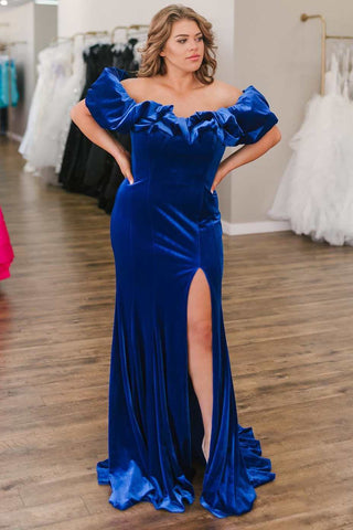 Royal Blue Velvet Off-the-Shoulder Ruffles Mermaid Long Formal Dress with Slit