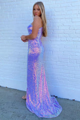 Lilac Sequin Appliques One-Shoulder Long Prom Dress with Slit