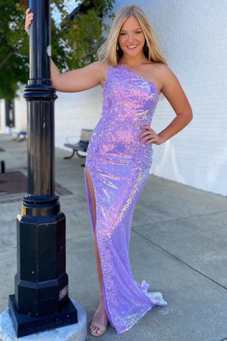 Lilac Sequin Appliques One-Shoulder Long Prom Dress with Slit