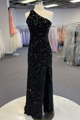 One-Shoulder Black Sequin Cutout Back Long Prom Dress with Slit