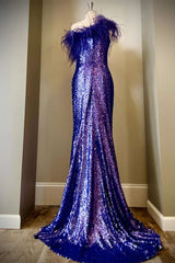 Purple Sequin Feather One-Shoulder Long Formal Dress with Slit