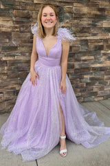 Lilac V Neck A-line Sequins Feather Long Prom Dress with Slit