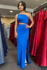 Royal Blue One-Shoulder Cutout Long Formal Dress with Slit