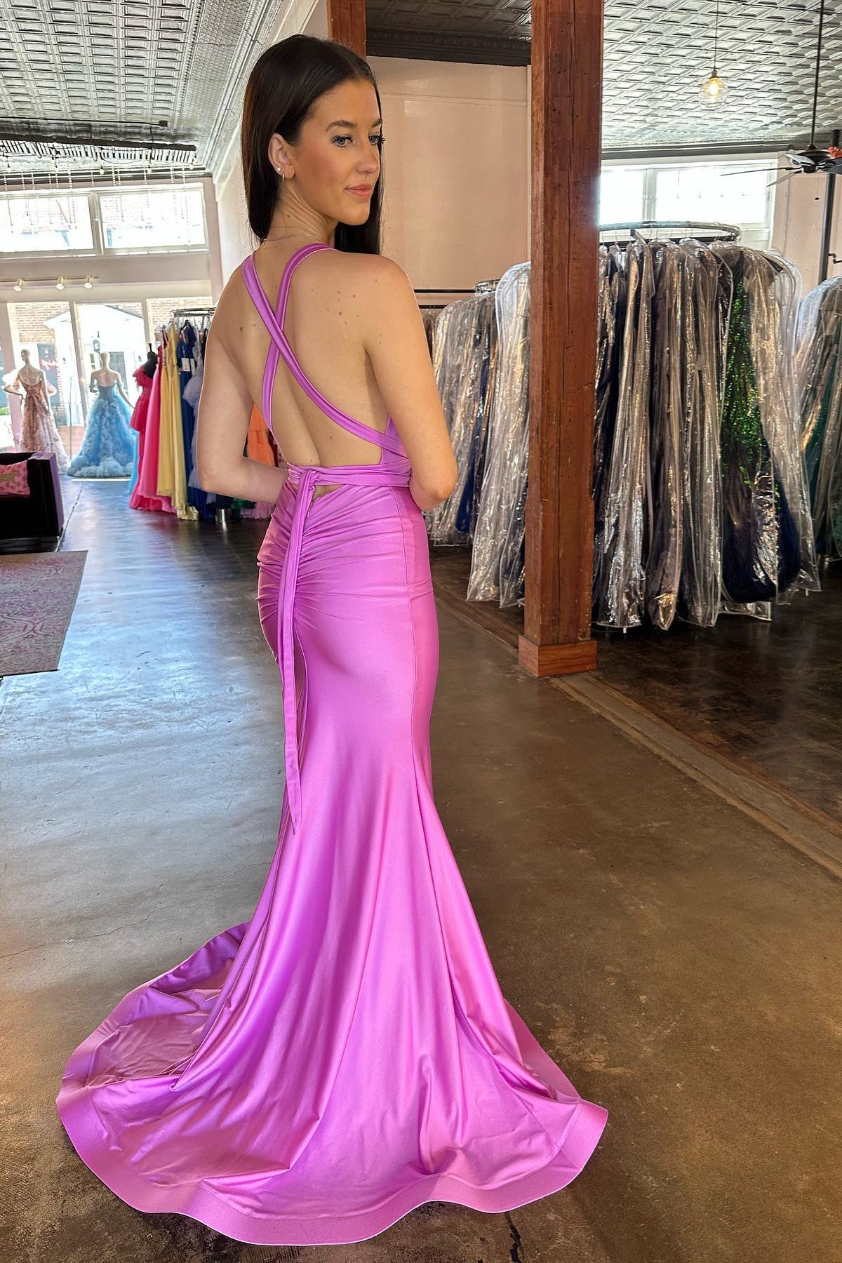 Hot Pink Mermaid Deep V Neck Crossed Back Long Prom Dress with Slit
