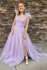 Lilac V Neck A-line Sequins Feather Long Prom Dress with Slit