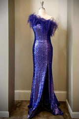 Purple Sequin Feather One-Shoulder Long Formal Dress with Slit