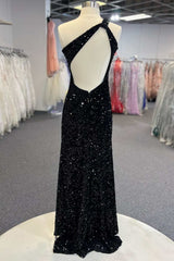 One-Shoulder Black Sequin Cutout Back Long Prom Dress with Slit