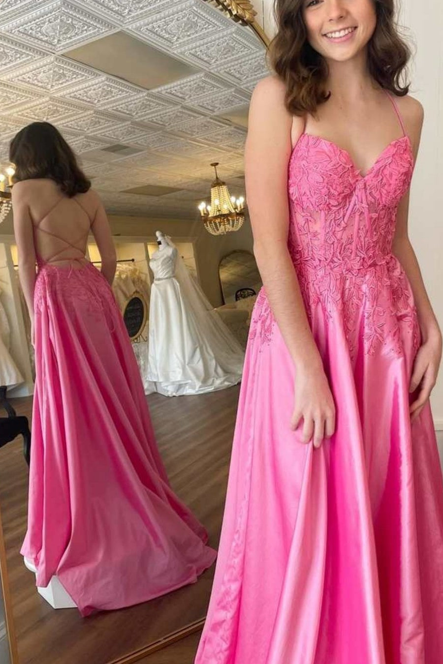 Hot Pink A-line Lace-Up Back Appliques Stain Long Prom Dress